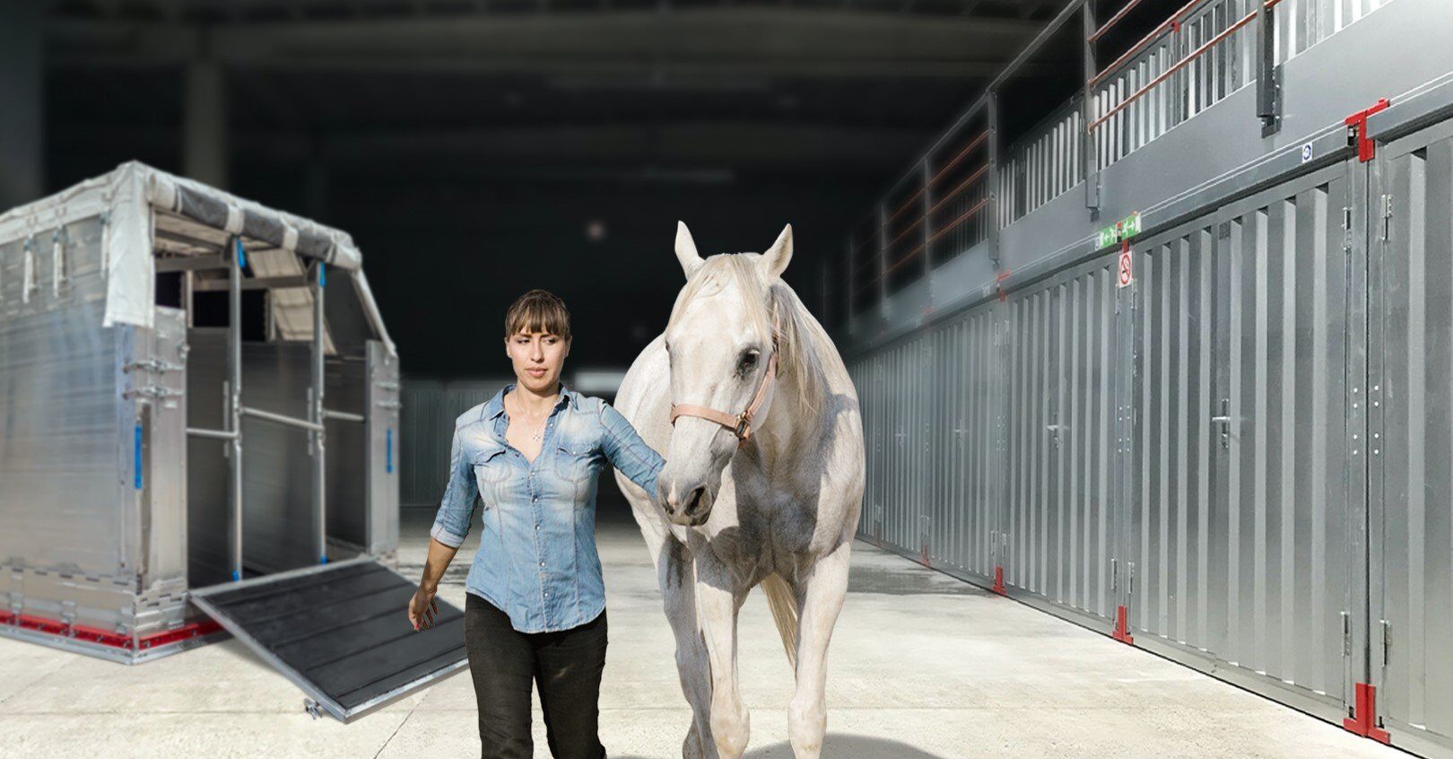 horse and groom walking from ULD Horse stall